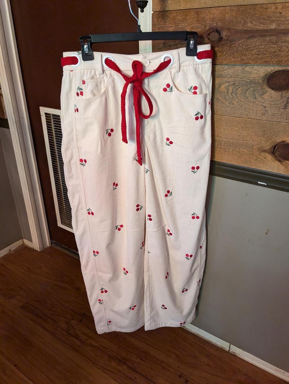 Cider Corduroy Mid Rise Cherry Embroidery Barrel Leg Trousers - Picture 4 of 11